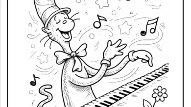 Cute Cat in a Hat Playing the Piano coloring pages