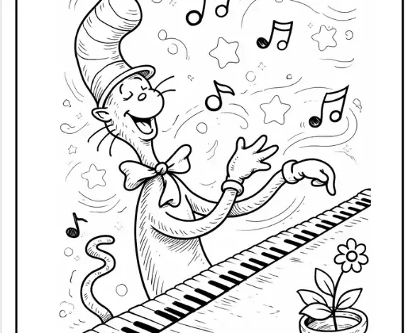 Cute Cat in a Hat Playing the Piano coloring pages
