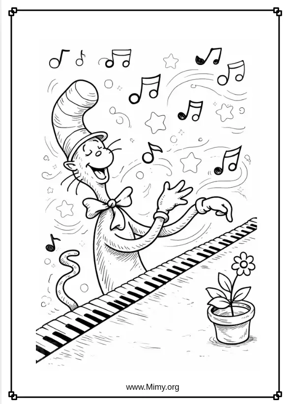 Cute Cat in a Hat Playing the Piano coloring pages